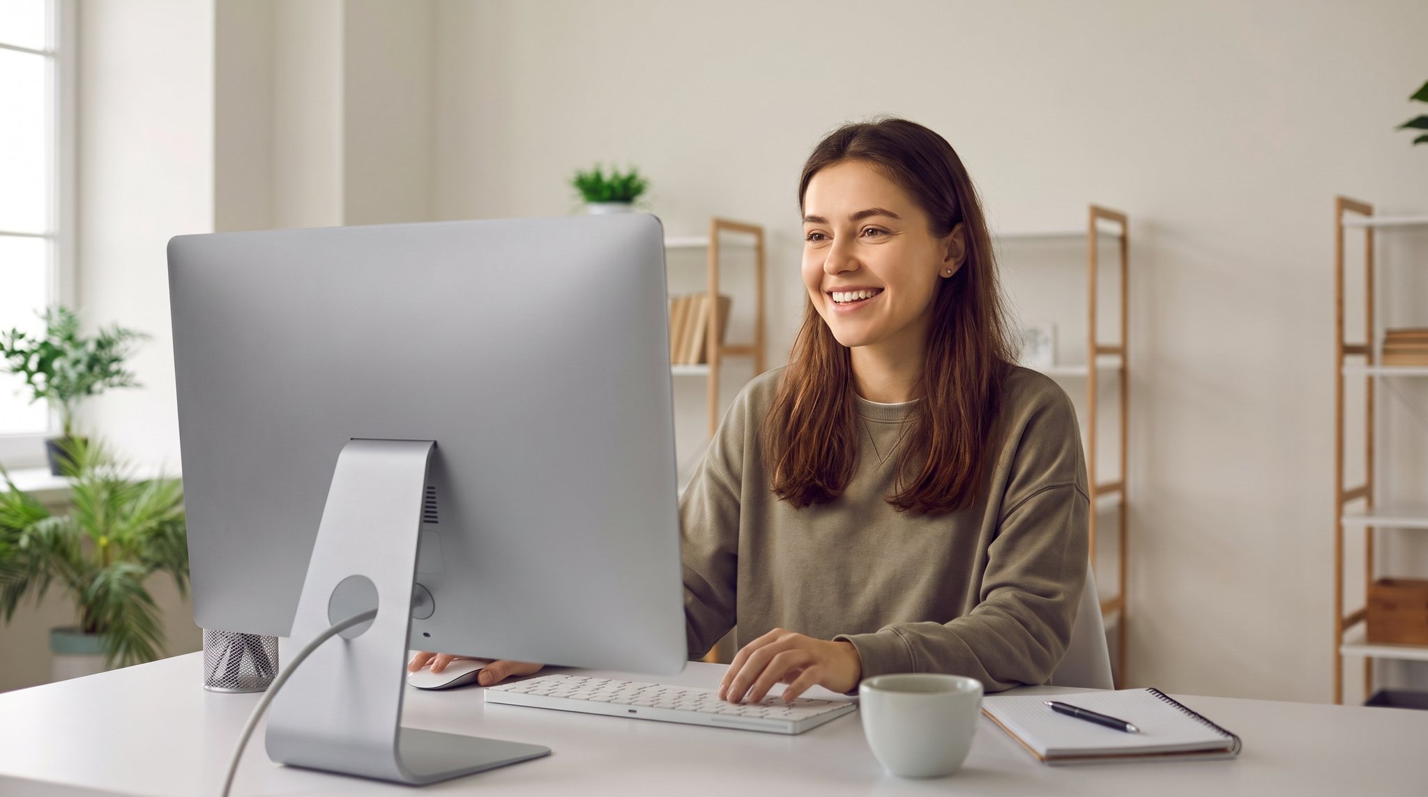 Frau arbeitet lächelnd am Computer